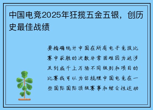 中国电竞2025年狂揽五金五银，创历史最佳战绩