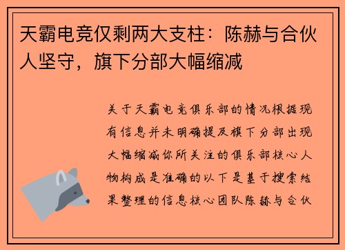 天霸电竞仅剩两大支柱：陈赫与合伙人坚守，旗下分部大幅缩减